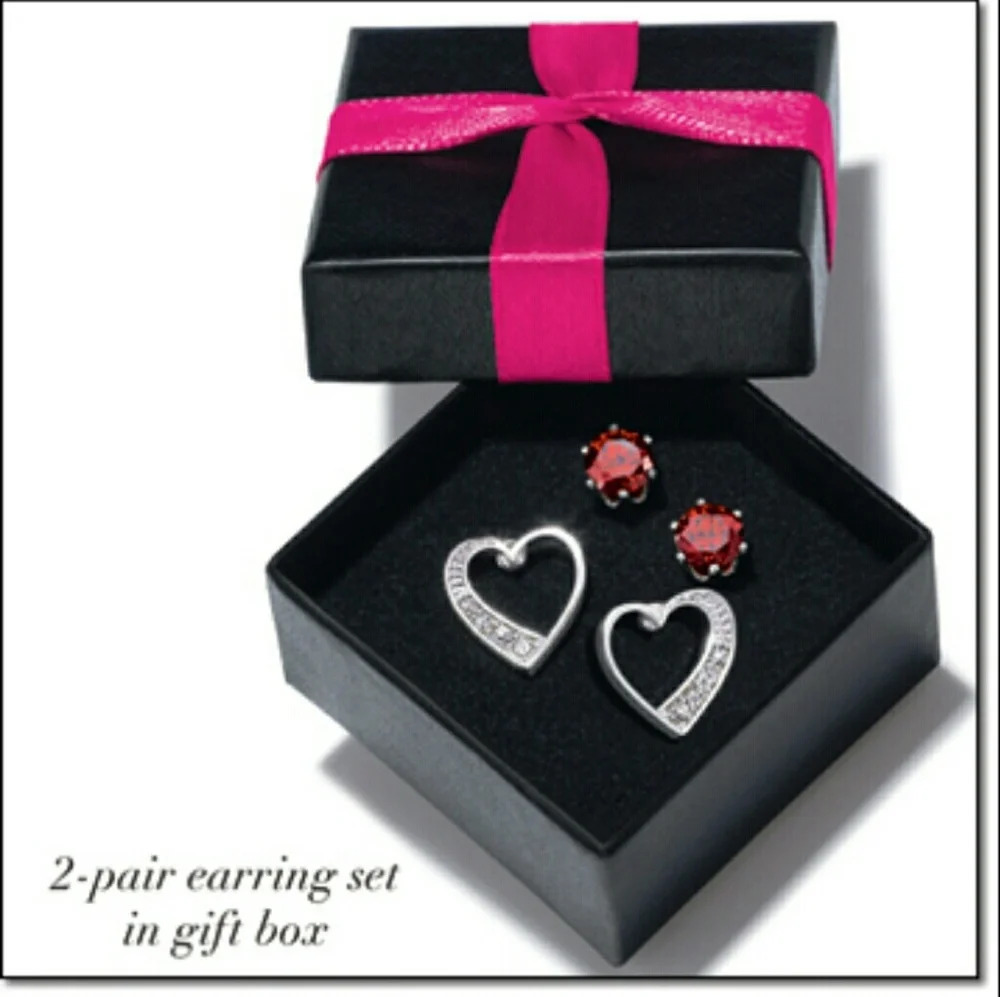 Red Cubic Zirconia and Heart Stud Set in Gift Box